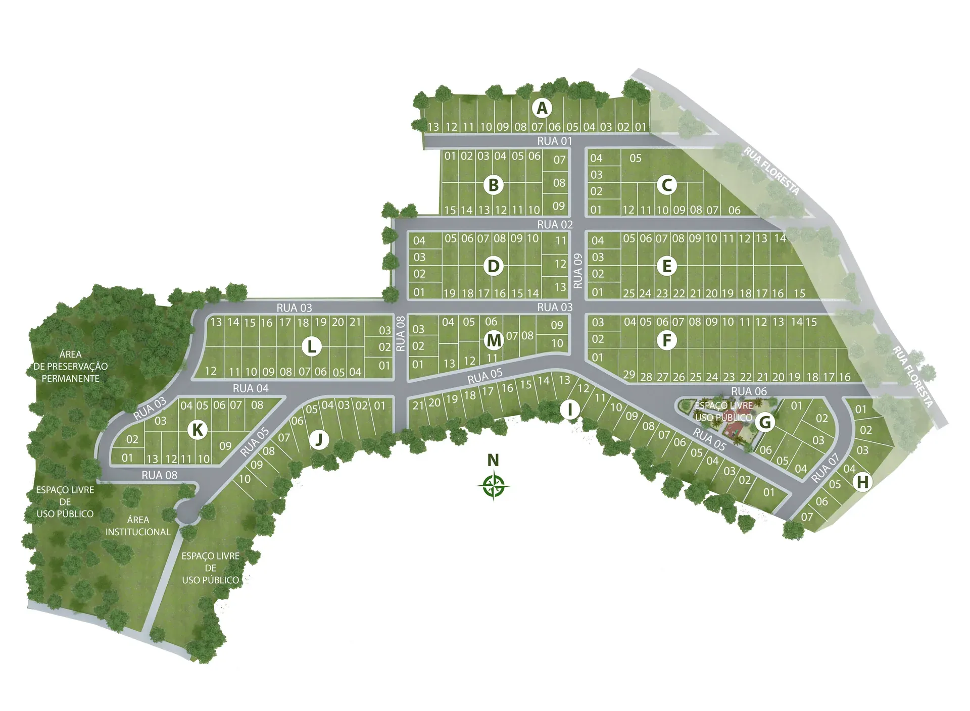 Planta de implantação (masterplan) do Residencial Ouro Verde, com a divisão das quadras e lotes, vias, praça, áreas verdes e área de preservação permanente